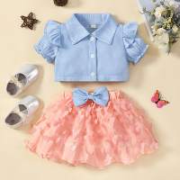 Toddler Girl Sweet Solid Color Ruffle Butterfly Sleeve Shirt & Bowknot Decor Skirt  Pink