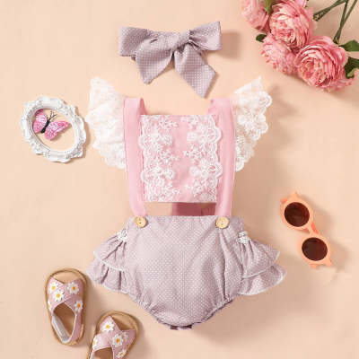 2-piece Baby Girl Floral Embroidered Lace Spliced Fly Sleeve Romper & Matching Headwrap