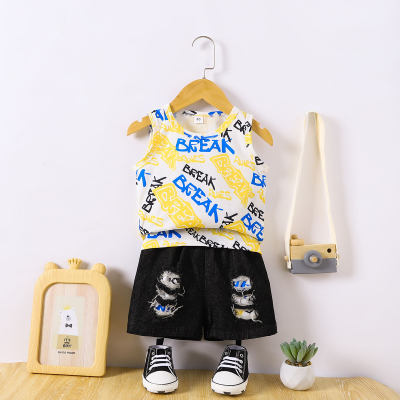 Summer round neck sleeveless letter printed boys pullover shorts suit fashionable and casual two-piece set