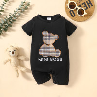 Summer round collar checkered bear contrast color jumpsuit short sleeve baby boxer romper  Black