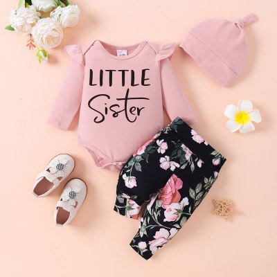 Baby Girl Solid Color Letter Bodysuit & Floral Pattern Pants & Hat