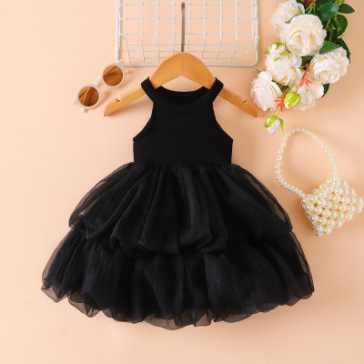 Robe de soirée princesse noire noble et élégante pour filles de 2 à 6 ans, style d'été, col licou, jupe tutu en maille pour gâteau