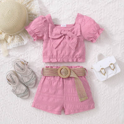 3-piece Toddler Girl Solid Color Bowknot Decor Square Neck Short Puff Sleeve Top & Matching Shorts & Belt
