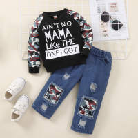Toddler Camouflage Letter Printed  Sweater & Jeans Pants  Black