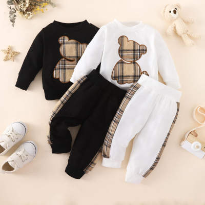2-piece Baby Boy Plaid Bear Patchwork Long Sleeve Top & Plaid Patchwork Cropped Pants