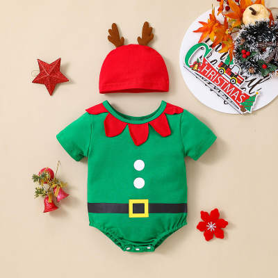 2-piece Baby Christmas Color-block Short-sleeved Triangle Romper & Moose Antler Hat
