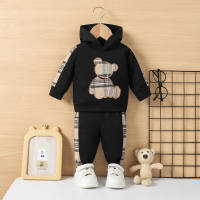 Baby Boy 2 Pieces Plaid Applique Cute Bear Pattern Hooded Sweater & Pants for Autumn  Black