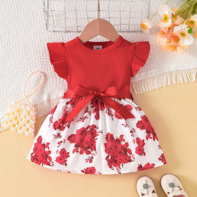 Summer new round neck flying sleeves ribbed fabric butterfly print stitching plus ribbon belt baby girl fashion dress