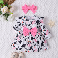 Spring and Autumn New Style Round Neck Long Sleeve Bow Knot Infant Girls Fashionable Dress  Pink