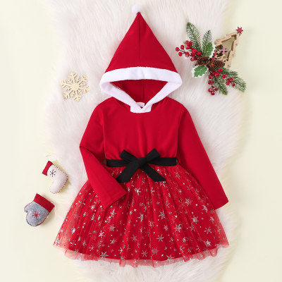 Vestido infantil feminino de malha com capuz e manga comprida de Natal