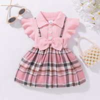 Baby girl open button lapel belted dress pitted checkered  Pink