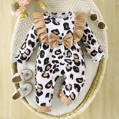 Spring and Autumn Round Neck Leopard Print Contrast Color Flying Sleeves Long Sleeve Bowknot Decoration Infant Girls One-piece Long Climbing Clothes