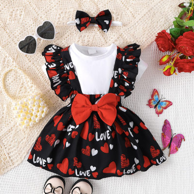 Baby Girl 3 Pieces Bodysuit & Heart-shaped Pattern Suspender Dress & Headband