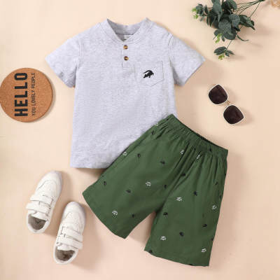 2-piece Kid Boy Solid Color Short Sleeve T-shirt & Allover Printing Shorts