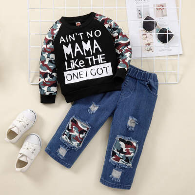 Toddler Camouflage Letter Printed  Sweater & Jeans Pants