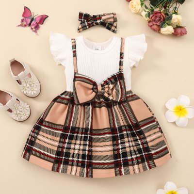 Baby Girl Color-Block Plaid Pattern Bow-knot Decorazione Abito con maniche a balze e fascia per capelli