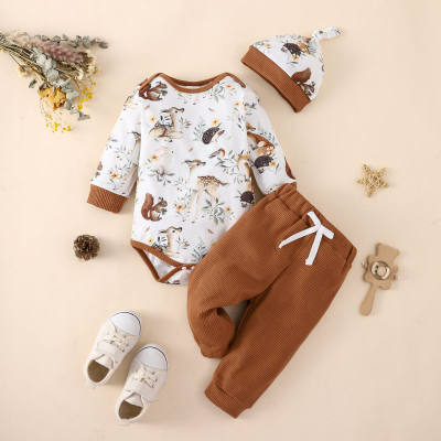 3-piece Baby Boy Allover Animal Printed Long Sleeve Romper & Solid Color Bowknot Decor Pants & Matching Hat