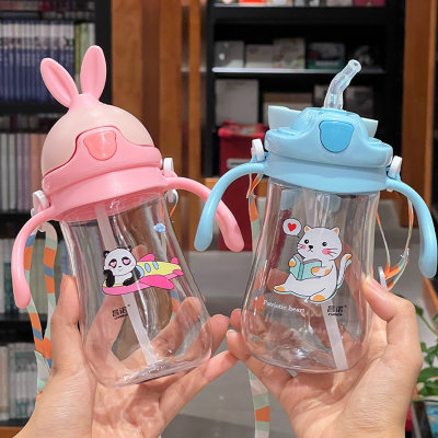 Cartoon Rabbit ears children's plastic straw cup creative design handle strap dual use baby learning cup anti-drop cup