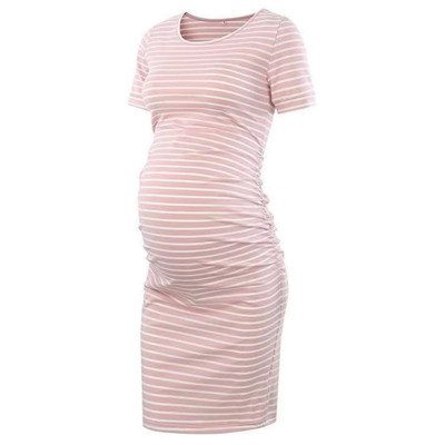 Pregnant Mom Round Neck Short Sleeve Stripes Dress