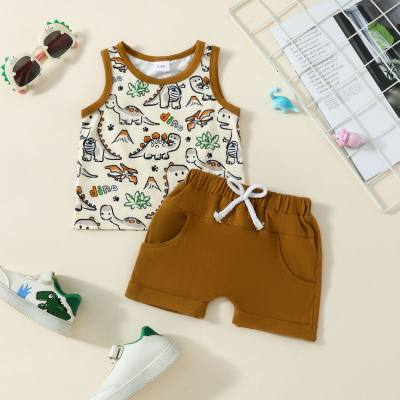 Baby boy and toddler casual dinosaur letter cartoon pattern vest top + shorts two-piece set