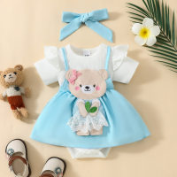 Vestido caqui triangular con mangas voladoras y parche de muñeca a rayas de verano para bebé niña + pañuelo en la cabeza  Azul
