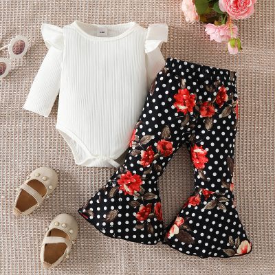 Baby Girl 2 Pieces Solid Color Bodysuit & Floral Polka dot Pattern Pants