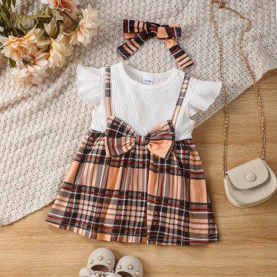 Infants and toddlers square striped small flying sleeves plaid bow fake two-piece suspender skirt dress + headscarf two-piece set