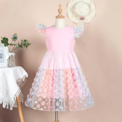 Vestido de cintura con mangas voladoras pequeñas de malla de flores tridimensionales dulce y elegante de verano para niñas