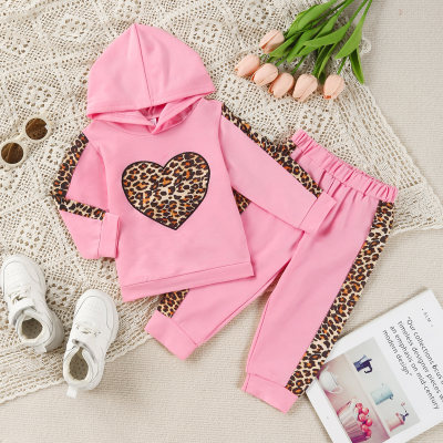 Baby Girl 2 Pieces Leopard Heart-shaped Pattern Hooded Sweater & Pants