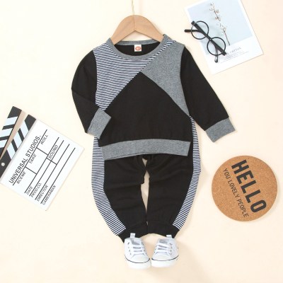 2-piece Baby Boy Color-block Zebra Stripe Patchwork Long Sleeve Top & Matching Pants