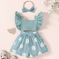 Baby summer cute and fresh daisy ruffle back buckle suspender jumpsuit + headscarf two-piece set  Green