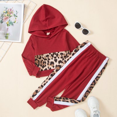 Maglione e pantaloni con cappuccio stampati leopardati a blocchi di colore per bambini