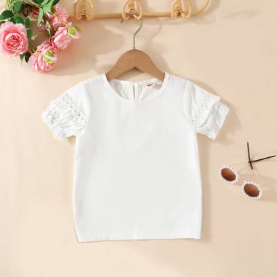 Girls summer solid color simple hollow short-sleeved water drop button shirt