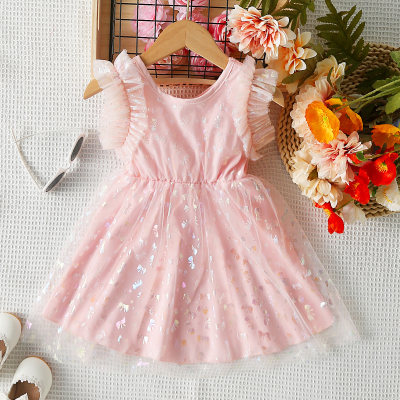 Toddler Girl Solid Color Sequin Mesh Patchwork Sleeveless Dress