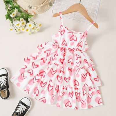 Toddler Girl Allover Heart Pattern Ruffled Cami Dress