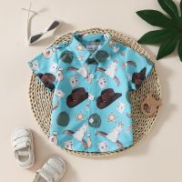 Summer loose front buckle cow poker hat cartoon short-sleeved shirt for little boys  Multicolor