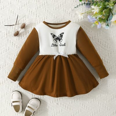 Toddler Girl Color-block Patchwork Letter and Butterfly Printed Long Sleeve Dress