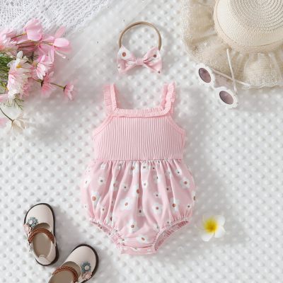 Infant and child's summer square flower ear-trimmed suspender triangle hoodie + headscarf two-piece set