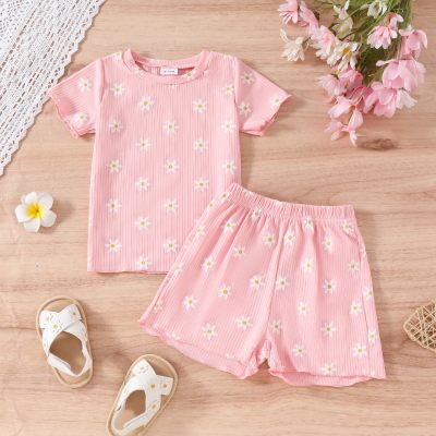 Summer casual simple pit striped daisy print short-sleeved T-shirt + shorts two-piece set for infants and children