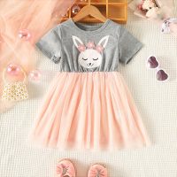 Little girl's summer loose and cute rabbit print three-dimensional flower mesh waist dress  Gray