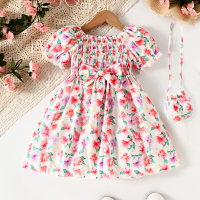 2-piece Toddler Girl Floral Printed Bowknot Decor Slash Neck Short Sleeve Dress & Mini Bag  Multicolor