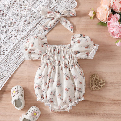 Baby girl retro floral cute puff sleeves triangle hoodie + headscarf two-piece set