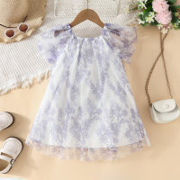 Toddler Girl Floral Mesh Patchwork Short Sleeve Dress  Purple