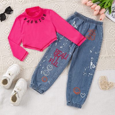 2-piece Toddler Girl Letter Print Top & Jeans