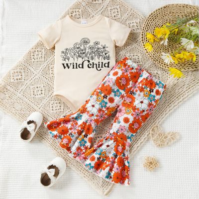 Baby girl's summer plant and flower letter print pit strip short-sleeved triangle hoodie + colorful bell-bottom pants two-piece set