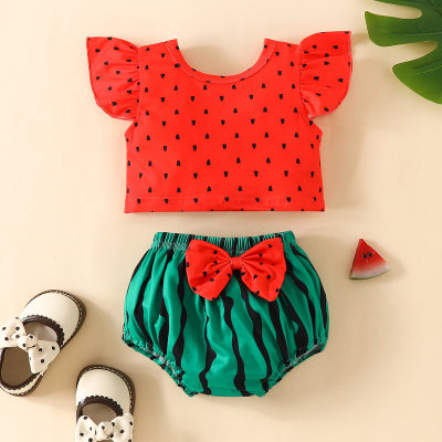 Top curto vermelho melancia infantil e infantil com mangas pequenas voadoras + cueca verde melancia conjunto de duas peças