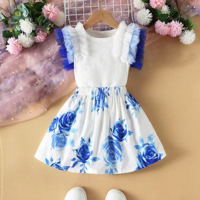 2-piece Toddler Girl Color-block Ruffled Mesh Patchwork Sleeveless Top & Floral Skirt