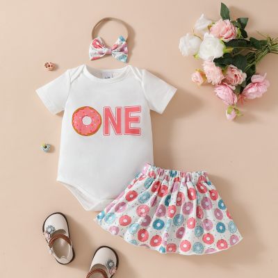 Summer casual and cute ONE baby and child printed triangle hoodie + donut skirt + headscarf three-piece set