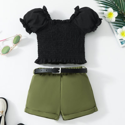 Infant and toddler square neck puff sleeve short top + shorts + belt