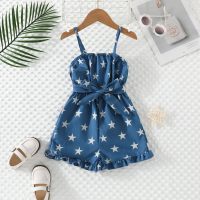 2-piece Toddler Girl Allover Star Printed Sleeveless Jumpsuit & Bowknot Belt  Blue